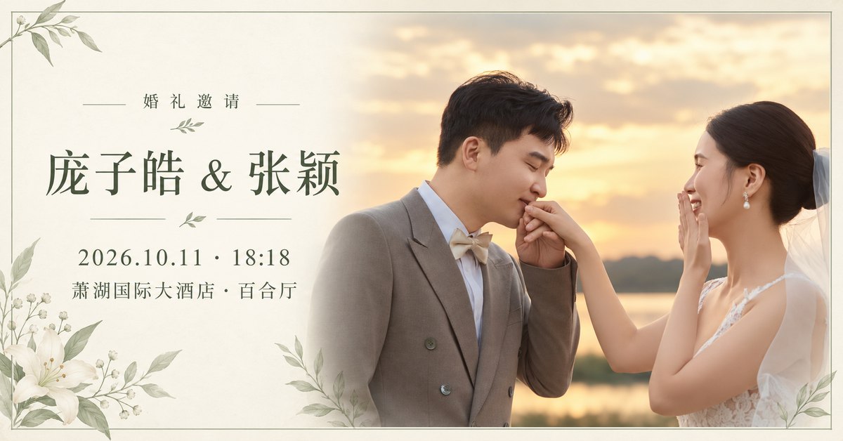 庞子皓与张颖婚礼邀请封面,2026年10月11日18:18,萧湖国际大酒店百合厅